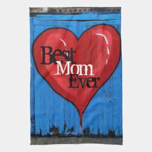 Graffiti Heart, blue wall, Best Mom Ever kitchen Towel