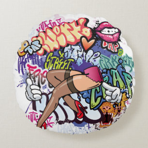 Graffiti illustration with street graffiti letters round pillow