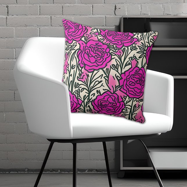 Graffiti Inspired Rose Pattern Pink Black  Throw Pillow (Creator Uploaded)