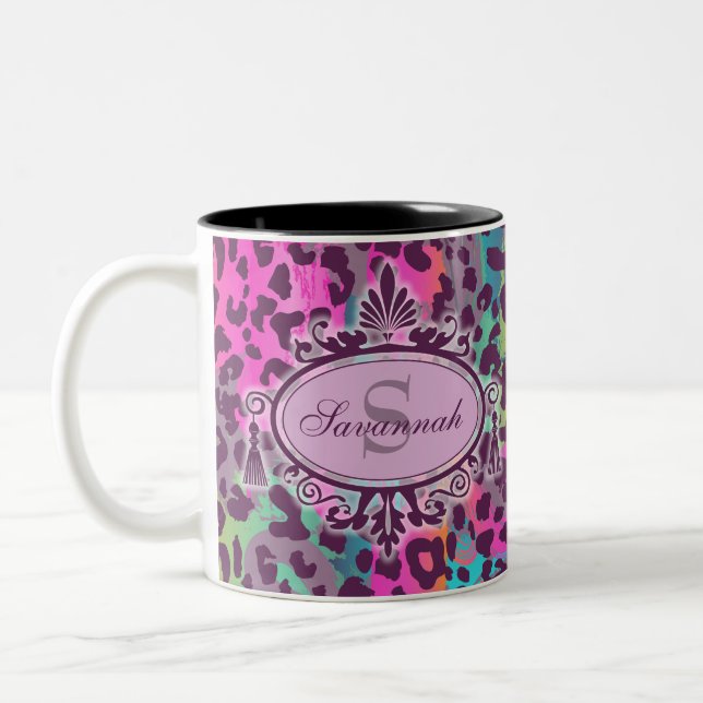 Graffiti Leopard Pattern Custom Name & Monogram Two-Tone Coffee Mug (Left)