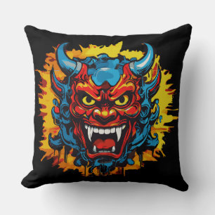 Graffiti Oni Mask Bold Art Throw Pillow