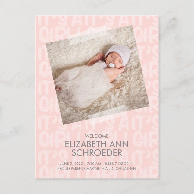 Graffiti Pink Baby Birth Announcement Postcard (Front)