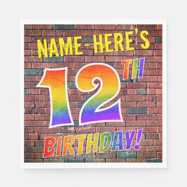 Graffiti Rainbow Look 12TH BIRTHDAY! + Custom Name Napkin (Front)