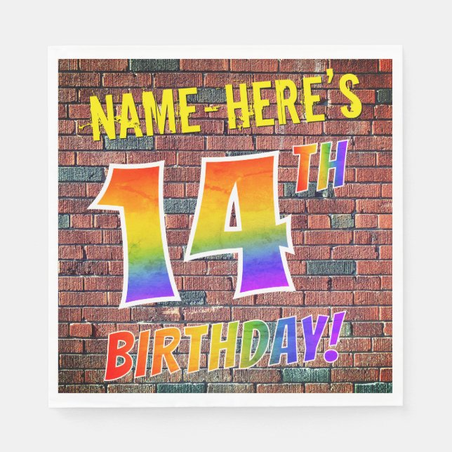 Graffiti Rainbow Look 14TH BIRTHDAY! + Custom Name Napkin (Front)