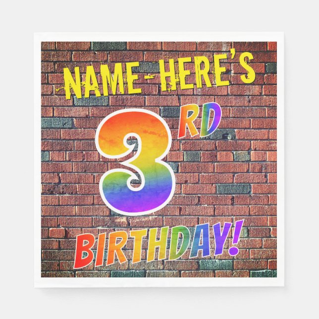 Graffiti Rainbow Look 3RD BIRTHDAY! + Custom Name Napkin (Front)