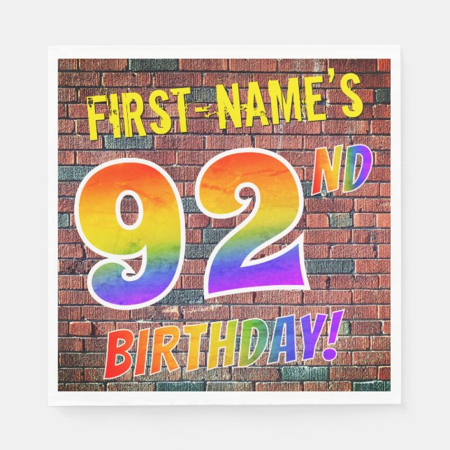 Graffiti Rainbow Look 92ND BIRTHDAY! + Custom Name Napkin (Front)