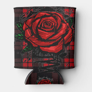 Graffiti Red Rose Drip on Red Plaid Rustic Can Cooler