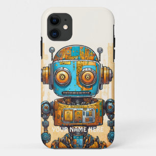 GRAFFITI ROBOT BLUE GOLD FUTURISTIC VINTAGE iPhone 11 CASE