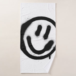 graffiti smiling face emoticon in black on whitesp bath towel