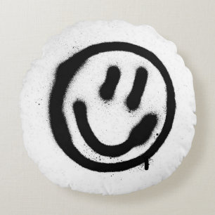 graffiti smiling face emoticon in black on whitesp round pillow
