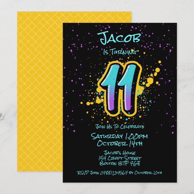 Graffiti Splatter Age Eleven Invitation (Front/Back)