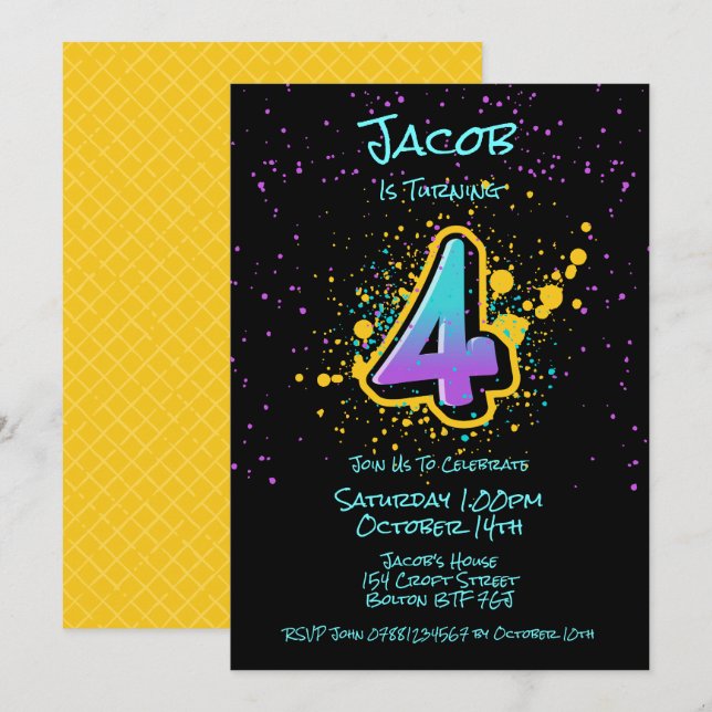 Graffiti Splatter Age Four Invitation (Front/Back)