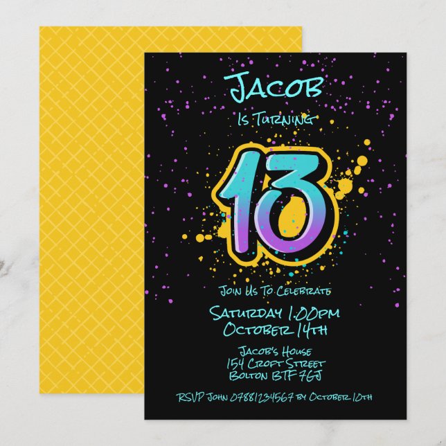 Graffiti Splatter Age Thirteen Invitation (Front/Back)