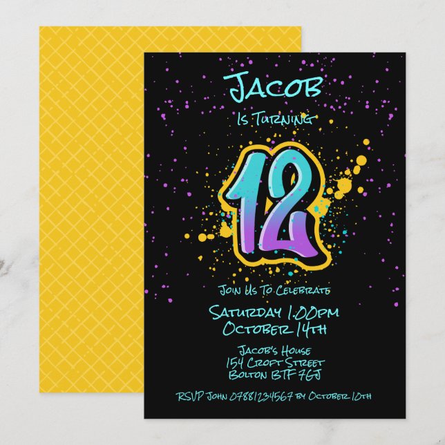 Graffiti Splatter Age Twelve Invitation (Front/Back)