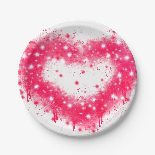 Graffiti spray paint pink sparkling heart design paper plate (Front)