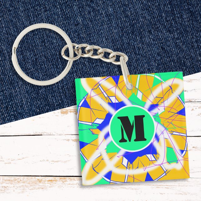 Graffiti Street Art Modern Colourful Monogrammed Keychain (A monogrammed keyring with abstract colorful design inspired by graffiti and street art)