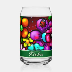 Graffiti Style Flowers & Ladybug Personalized Can Glass