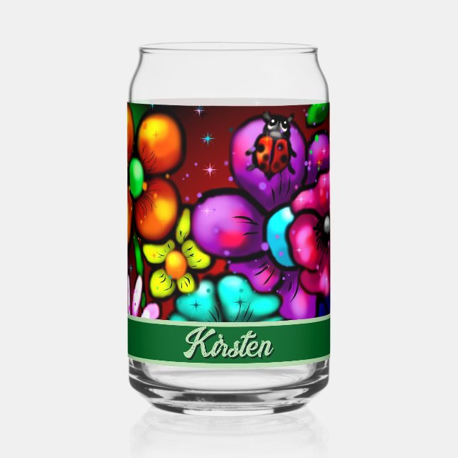 Graffiti Style Flowers & Ladybug Personalized Can Glass (Front)