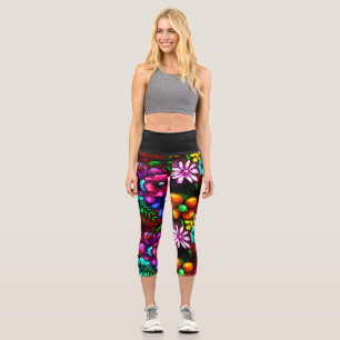 Graffiti Style Flowers & Ladybug Pink Purple Red Capri Leggings