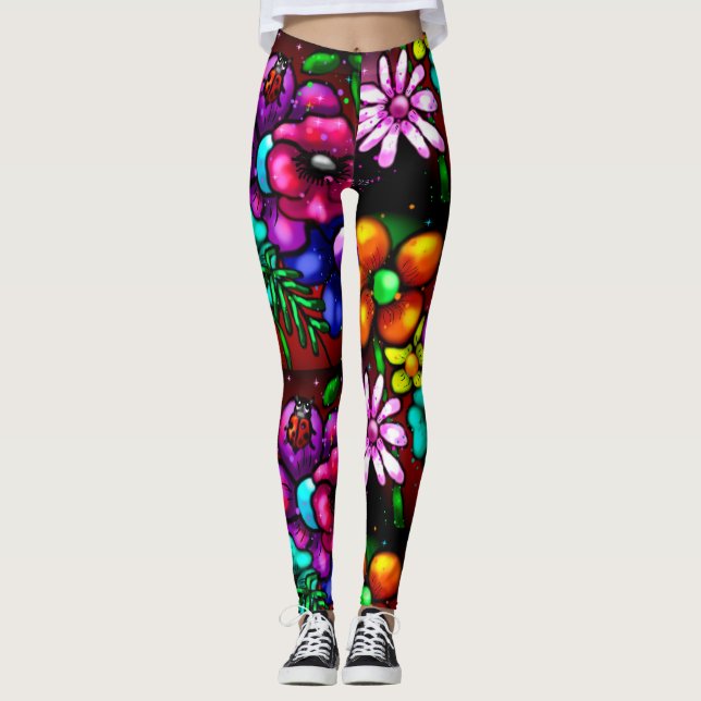 Graffiti Style Flowers & Ladybug Pink Purple Red Leggings (Front)