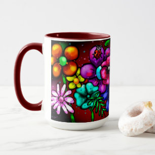 Graffiti Style Flowers & Ladybug Pink Purple Red Mug