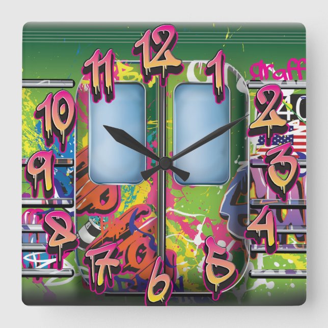 Graffiti Subway Train Square Wall Clock (Front)