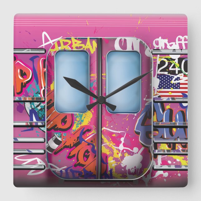 Graffiti Subway Train Square Wall Clock (Front)