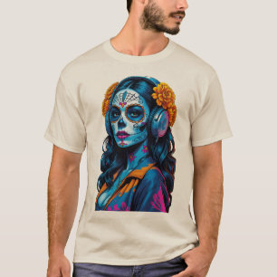 Graffiti Sugar Skull Girl with Headphones T-Shirt