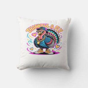 Graffiti Turkey Vibes � Thankful & Fly Cartoon Art Throw Pillow