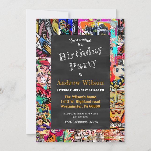 Graffiti wall collage with chalkboard  invitation (Front)