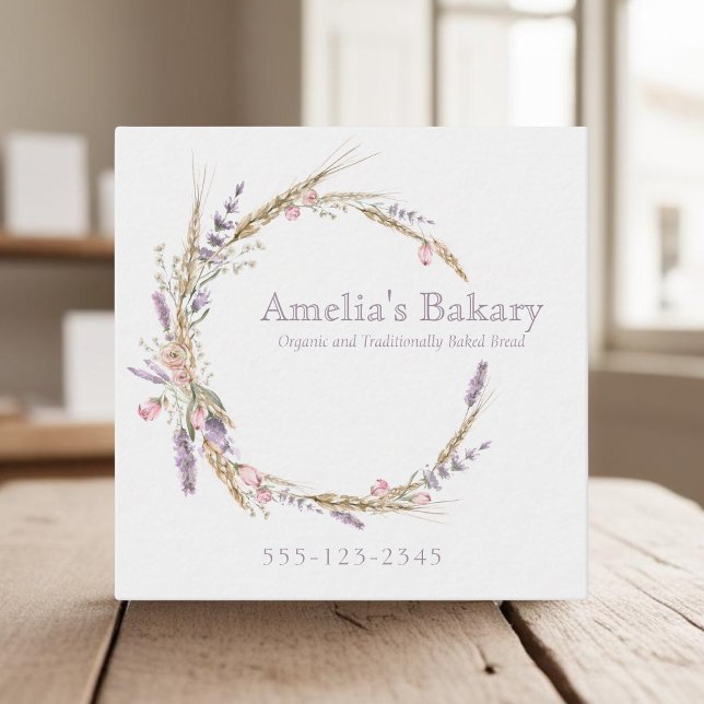 Grain and floral lavender wreath bread bakery square business card (Creator Uploaded)