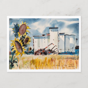 Grain Elevator with Sunflowers Painting Postcard