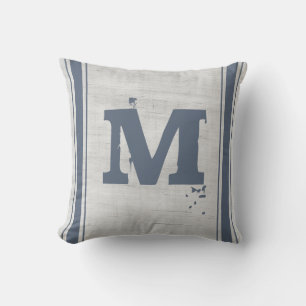 Grain Sack Blue Grey Vertical Stripes Monogram M Throw Pillow