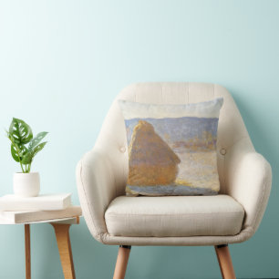 Grainstack in Morning, Snow Effect by Claude Monet Throw Pillow