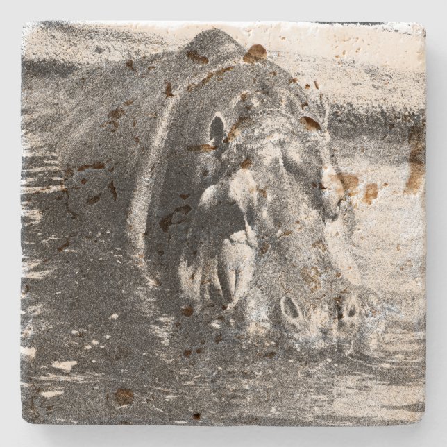 Grainy Black White Hippo Art, Stone Coaster (Front)
