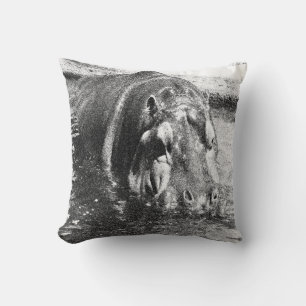Grainy Black White Hippo Art, Throw Cushion