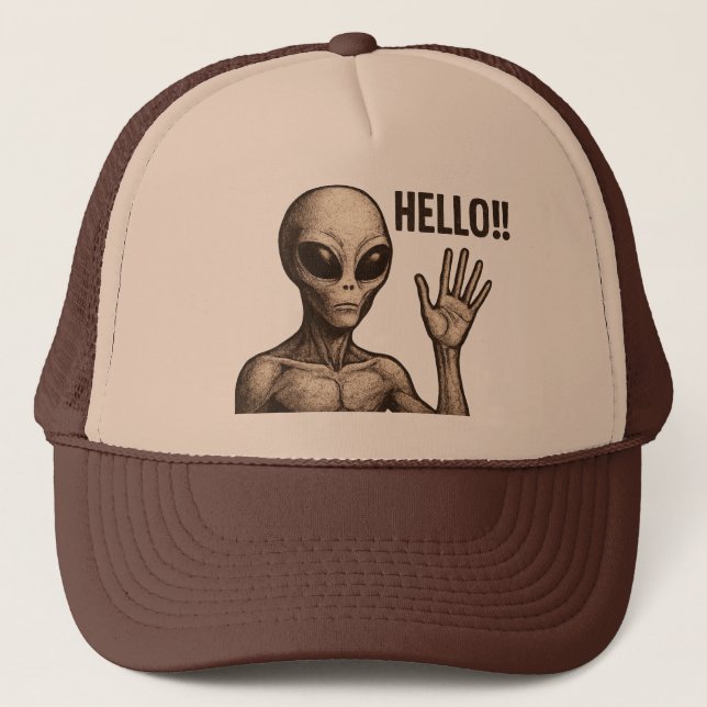 Grainy Encounter: The Alien Greeting Trucker Hat (Front)