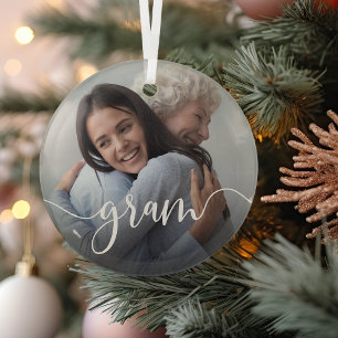 Gram Grandma Script Overlay Glass Ornament