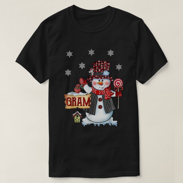 Gram Snowman Christmas Candy Cane Red Plaid Santa  T-Shirt (Design Front)