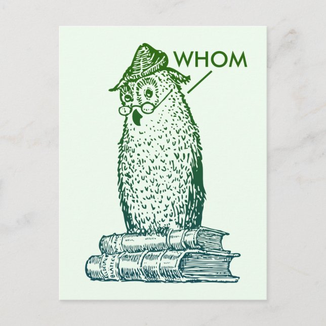Grammar Owl Says Whom (green) Postcard (Front)