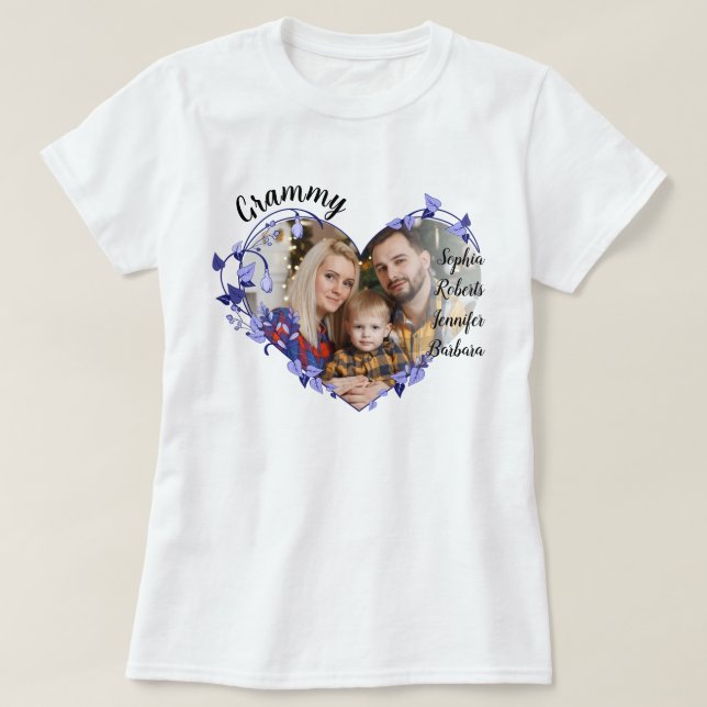 Grammy flower heart With Grandkids Names & Photo T-Shirt (Design Front)