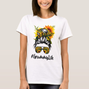 Grammy Life Messy Hair Bun Sunflower Women Mother' T-Shirt