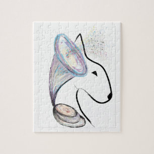 Gramophone Bull Terrier Music Surreal pet art Jigsaw Puzzle