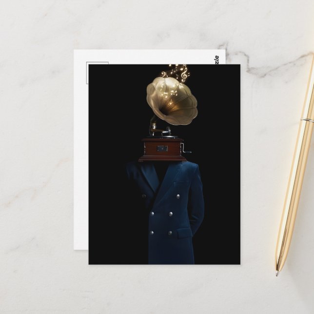 Gramophone Head Gentleman Postcard (Front/Back In Situ)
