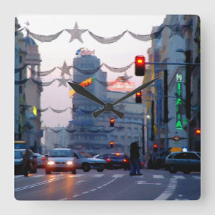 Gran Vía de Madrid en Navidad Square Wall Clock