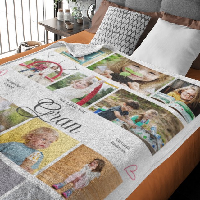 Gran We Love You Personalized Hearts Fleece Blanket (Gran large personalized fleece blanket with your photos and text.)