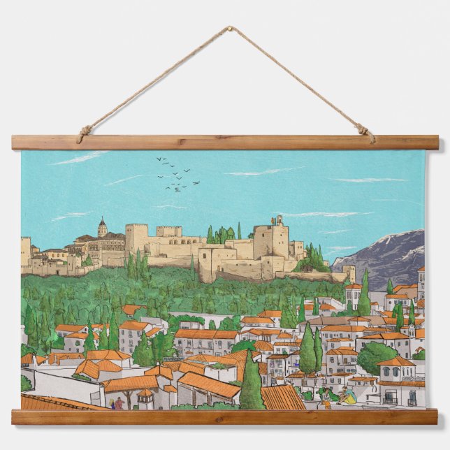 Granada Cityview Spain Landscape Illustration Hanging Tapestry (Front)