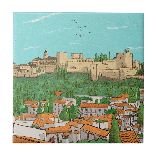 Granada Cityview Spain Landscape Illustration Tile (Front)