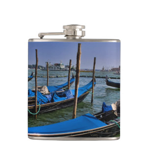 Grand Canal water with gondalo boats lined up Hip Flask