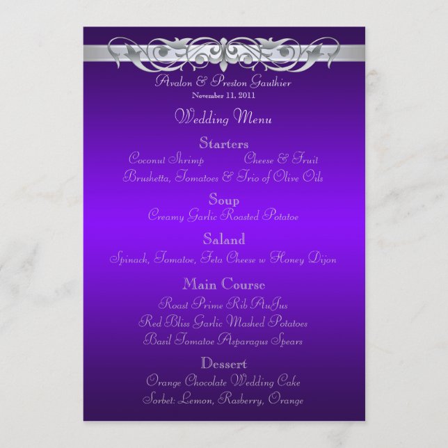 Grand Duchess Purple Scroll Wedding Menu (Front)